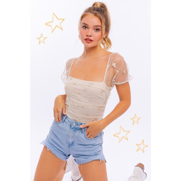 Le Lis Mesh Cream Champagne Gold Star Bodysuit Size Medium New With Tags - Picture 12 of 12